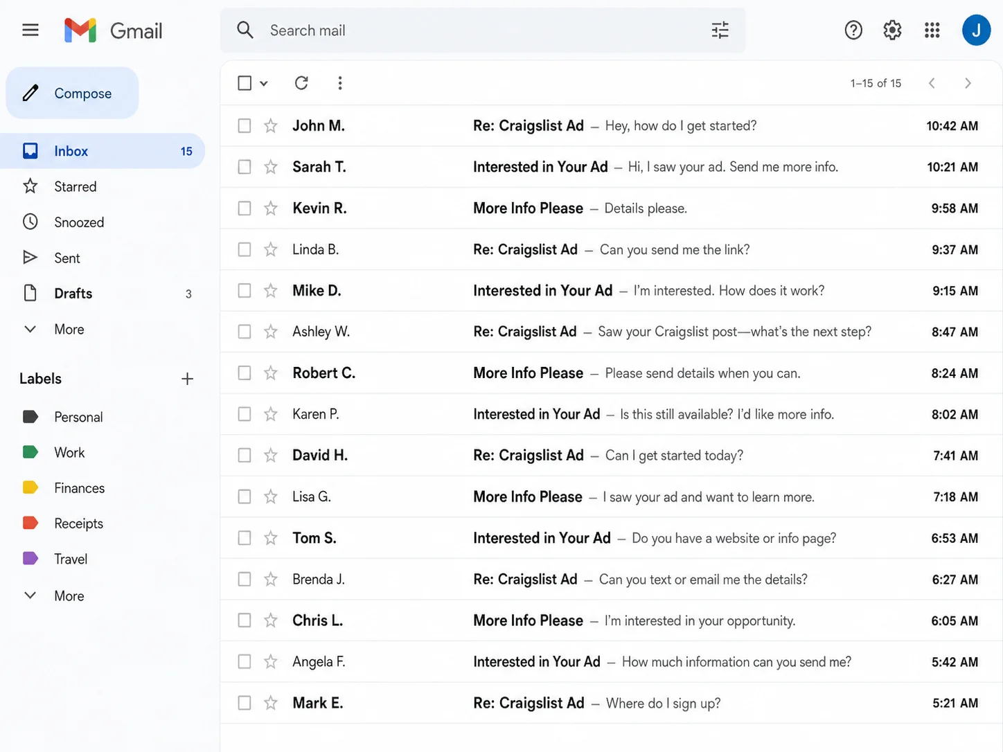 Illustrative Gmail inbox showing example Craigslist ad inquiries